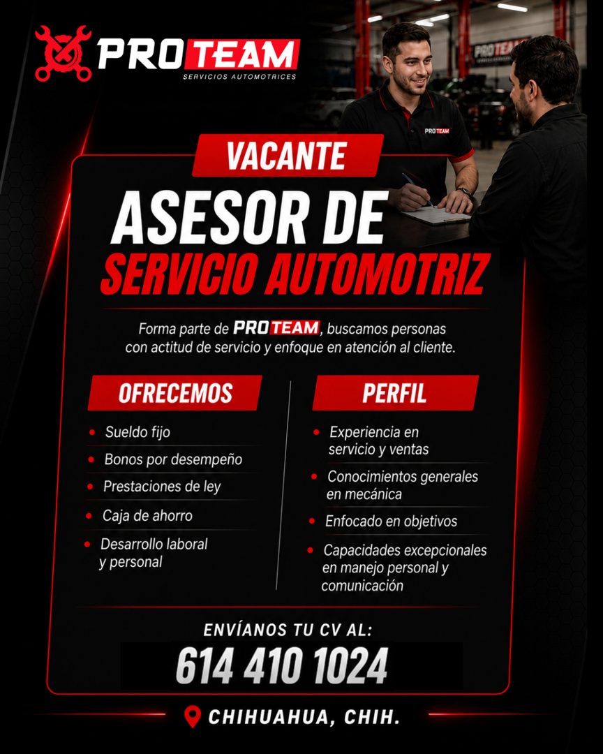 Banner del anuncio de la vacante: PROTEAM · SERVICIOS AUTOMOTRICES · TE · PRO TEAM · VACANTE · ASESOR DE · SERVICIO AUTOMOTRIZ · Forma parte de PRO TEAM, buscamos personas · 