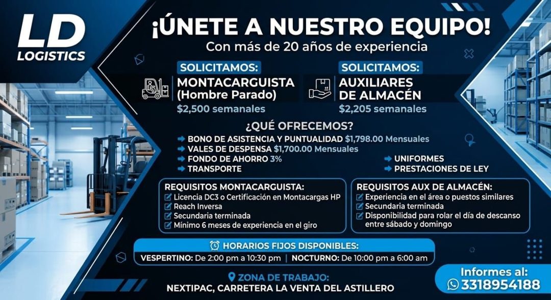 Banner del anuncio de la vacante: LD · LOGISTICS · ¡ÚNETE A NUESTRO EQUIPO! · Con más de 20 años de experiencia · SOLICITAMOS: · SOLICITAMOS: · MONTACARGUISTA · AUXILIARES · 