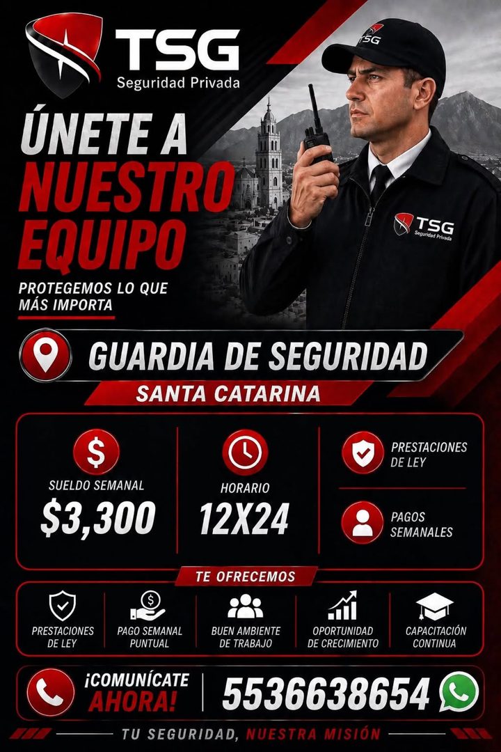 Banner del anuncio de la vacante: TSG · Seguridad Privada · ÚNETE A · NUESTRO · EQUIPO · PROTEGEMOS LO QUE · MÁS IMPORTA · 5G · TSG · Soguridad Privada · GUARDIA DE SEGURIDAD