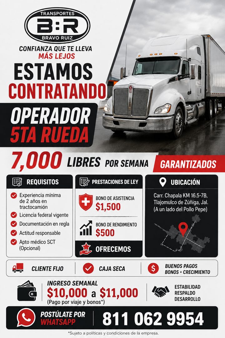Banner del anuncio de la vacante: TRANSPORTES · BIR · BRAVO RUIZ · CONFIANZA QUE TE LLEVA · MÁS LEJOS · ESTAMOS · CONTRATANDO · OPERADOR · 5TA RUEDA · 7,000 LIBRES POR SEMANA