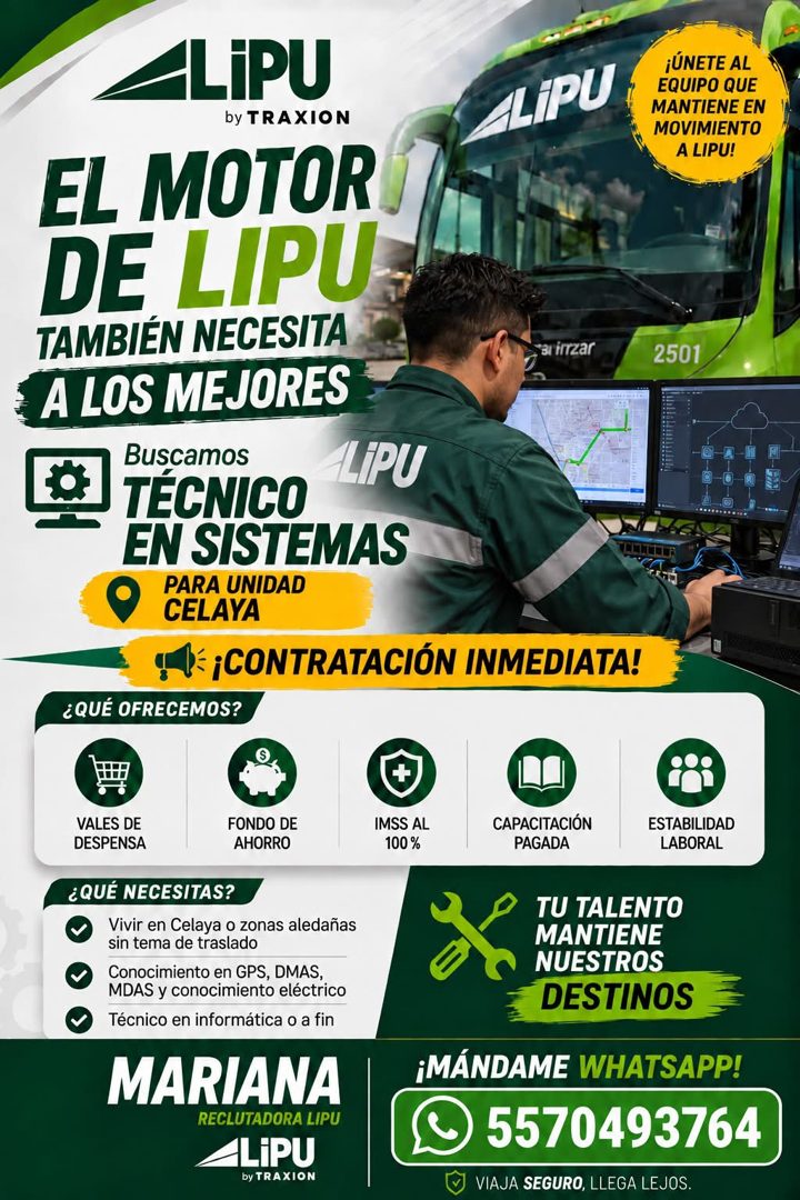 Banner del anuncio de la vacante: LiPU · by TRAXION · ALIPU · EL MOTOR · DE LIPU · TAMBIÉN NECESITA · arirrzar · A LOS MEJORES · Buscamos · LIPU · TECNICO · EN SISTEMAS · PAR