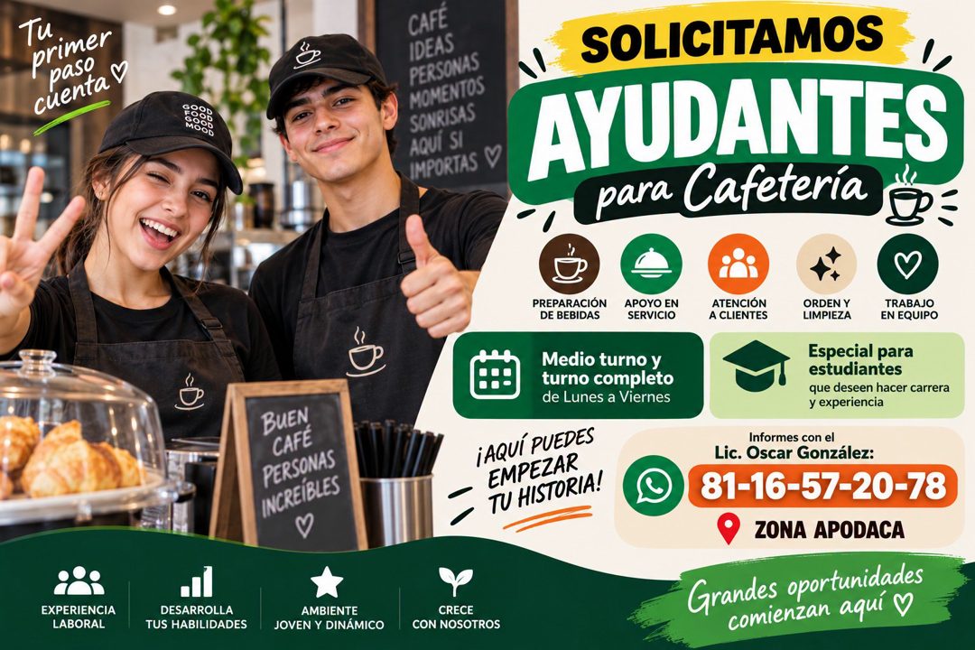 Banner del anuncio de la vacante: Tu · paso · cuenta Y · 5O0 · MOOL · CAFÉ · IDEAS · PERSONAS · MOMENTOS · SONRISAS · AQUÍ SI · IMPORTAS V · SOLICITAMOS · AYUDANTES · para Ca