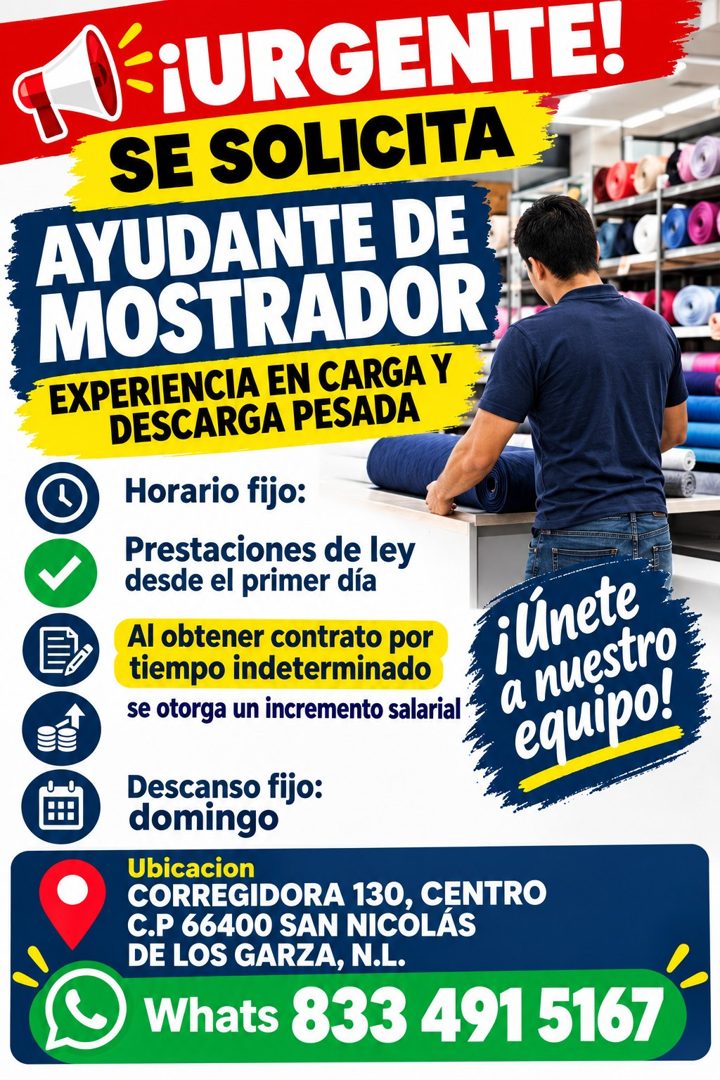 Banner del anuncio de la vacante: ¡URGENTE! · SE SOLICITA · AYUDANTE DE · MOSTRADOR · EXPERIENCIA EN CARGA Y · DESCARGA PESADA · Horario fijo: · Prestaciones de ley · desde e