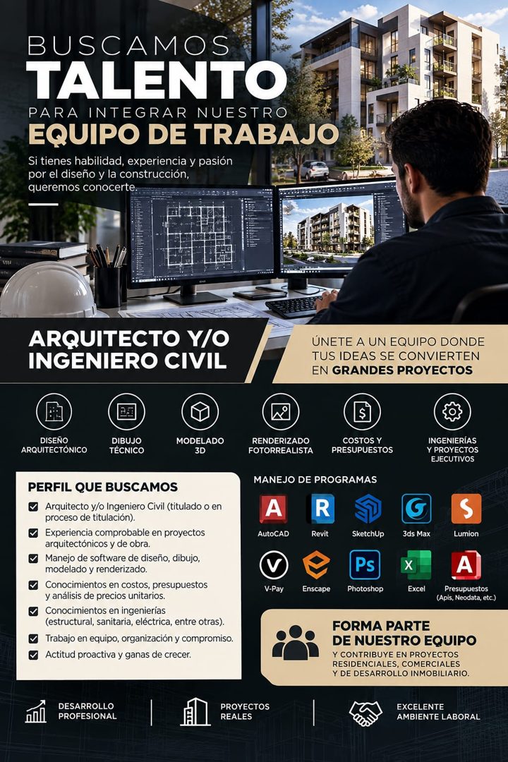 Banner del anuncio de la vacante: BUSCAMOS · TALENTO · PARA INTEGRAR NUESTRO · EQUIPO DE TRABAJO · Si tienes habilidad, experiencia y pasión · por el diseño y la construcción