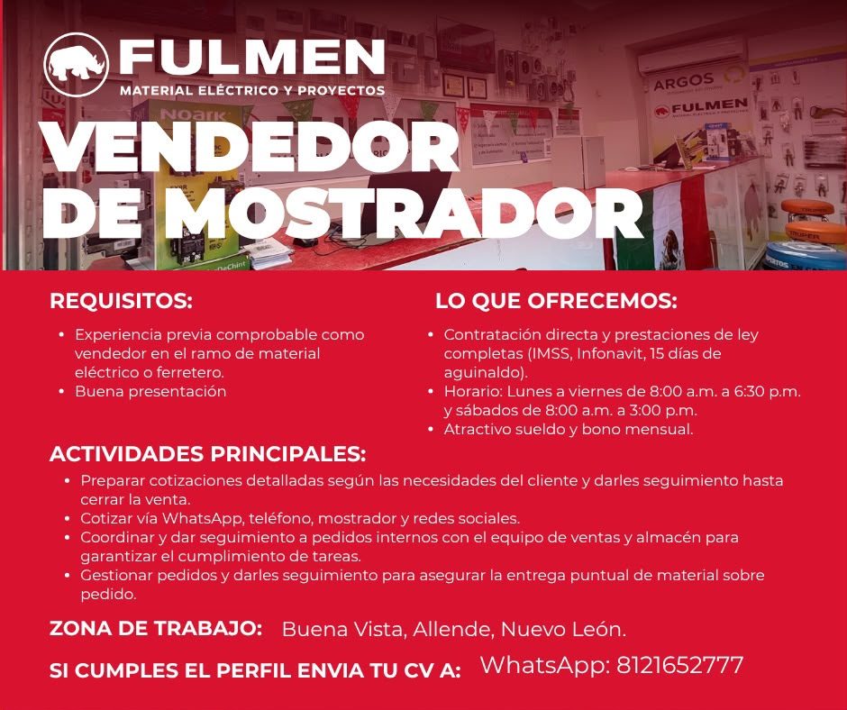 Banner del anuncio de la vacante: FULMEN · MATERIAL ELECTRICO Y PROYECTOS · VENDEDOR · DE MOSTRADOR · ARGOS · © FULMEN · REQUISITOS: · • Experiencia previa comprobable como ·