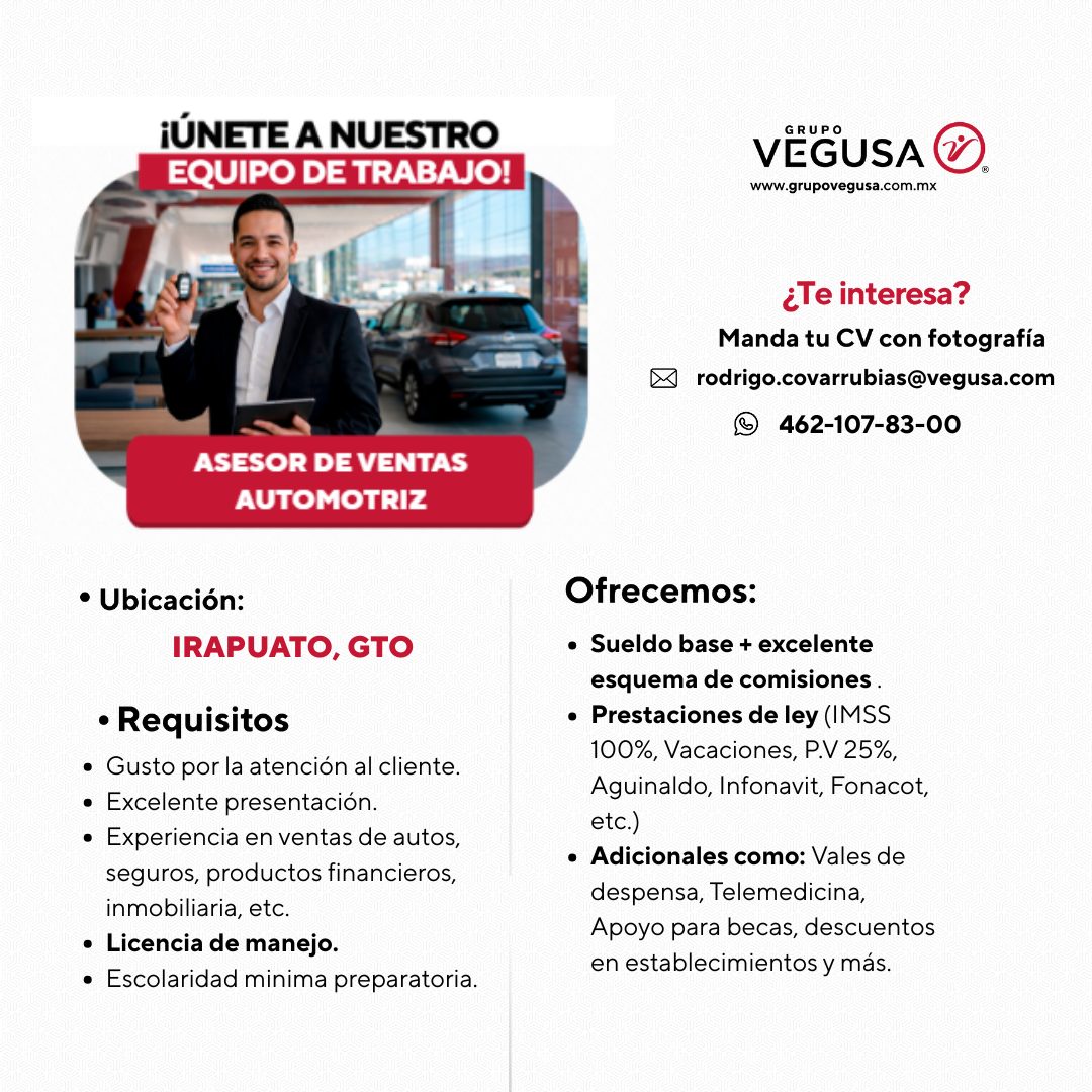 Banner del anuncio de la vacante: ¡ÚNETE A NUESTRO · EQUIPO DE TRABAJO! · RUPC · VEGUSA · www.grupovegusa.com.mx · ¿Te interesa? · Manda tu CV con fotografía · rodrigo.covarr