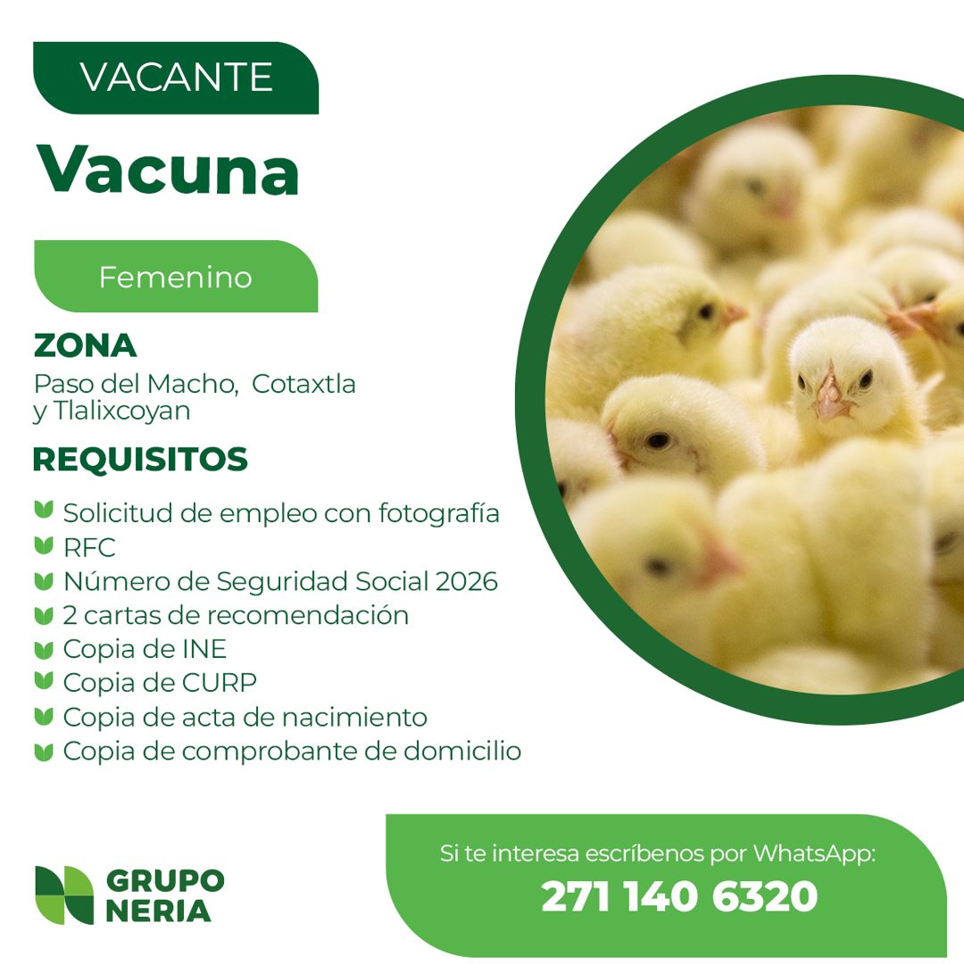 Banner del anuncio de la vacante: VACANTE · Vacuna · Femenino · ZONA · Paso del Macho, Cotaxtla · y Tlalixcoyan · REQUISITOS · • Solicitud de empleo con fotografía · V RFC · 