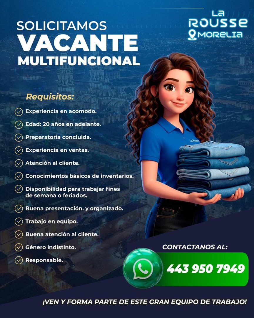 Banner del anuncio de la vacante: SOLICITAMOS · VACANTE · MULTIFUNCIONAL · TENE · Requisitos: · Experiencia en acomodo. · Edad: 20 años en adelante. · Preparatoria concluida.