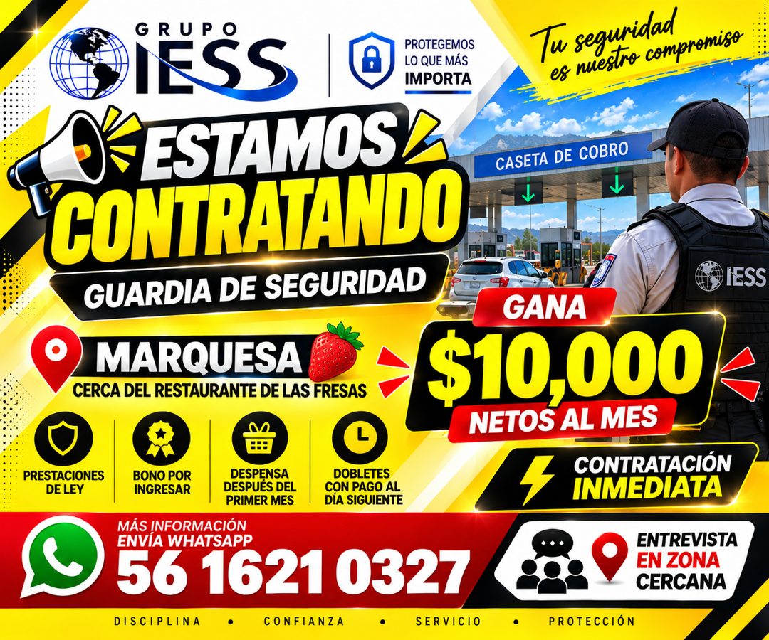 Banner del anuncio de la vacante: GRUP · ¡ESS · PROTEGEMOS · LO QUE MÁS · IMPORTA · FESTAMOSE · CONTRATANDO · GUARDIA DE SEGURIDAD · Tu seguridad · es nuestro compromiso · CA