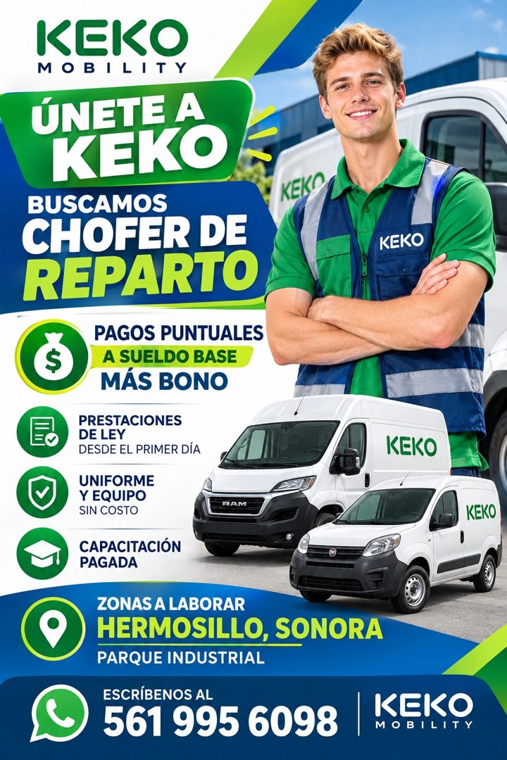 Banner del anuncio de la vacante: KEKO · MOBILITY · ÚNETE A · KEKO · BUSCAMOS · CHOFER DE · REPARTO · KEKO · PAGOS PUNTUALES · A SUELDO BASE · MÁS BONO · PRESTACIONES · DE LE