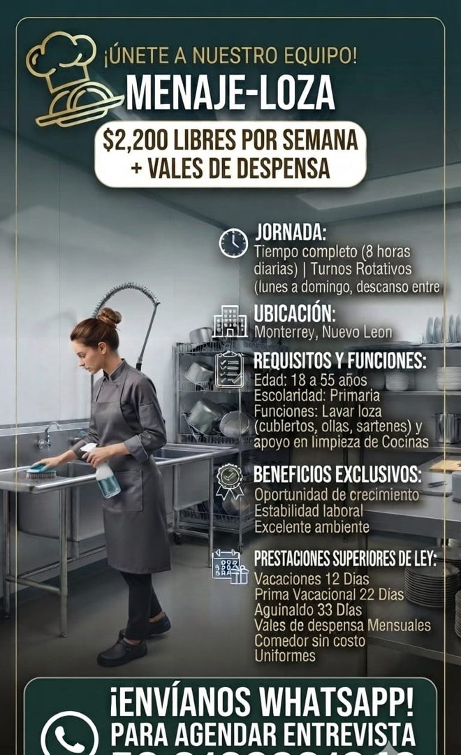 Banner del anuncio de la vacante: ¡ÚNETE A NUESTRO EQUIPO! · MENAJE-LOZA · $2,200 LIBRES POR SEMANA · + VALES DE DESPENSA · JORNADA: · Tiempo completo (8 horas · diarias) | T