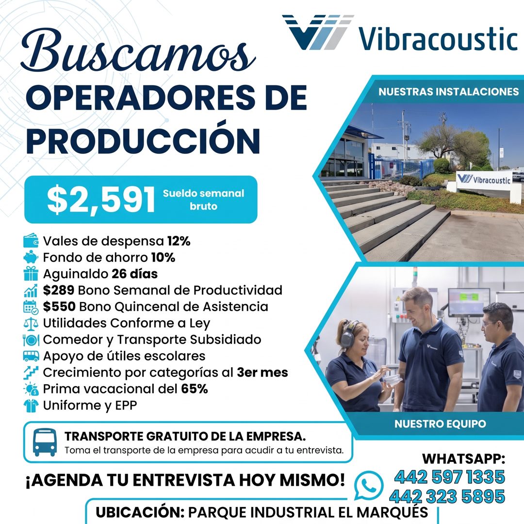 Banner del anuncio de la vacante: Buscamos · OPERADORES DE · PRODUCCIÓN · Vibracoustic · NUESTRAS INSTALACIONES · Vii Vibracoustic · $2,591 · Sueldo semanal · bruto · Vales d