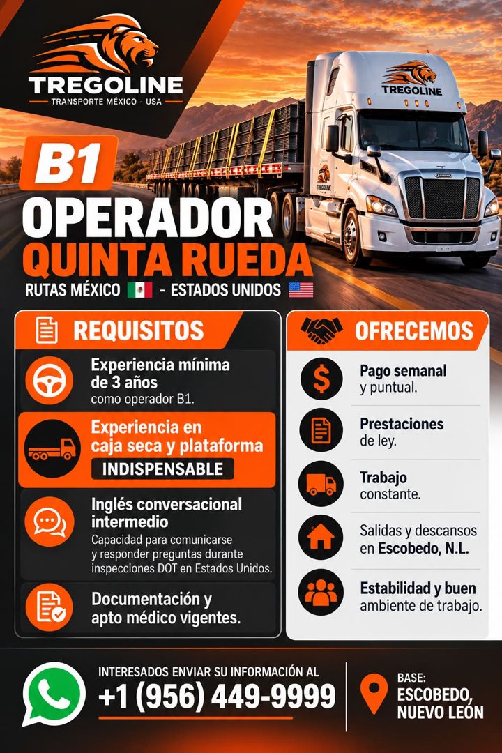 Banner del anuncio de la vacante: TREGOLINE · TRANSPORTE MÉXICO - USA · TREGOLINE · B1 · OPERADOR · QUINTA RUEDA · RUTAS MÉXICO · - ESTADOS UNIDOS · REQUISITOS · Experiencia 