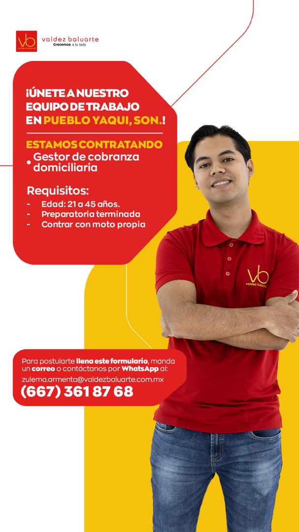 Banner del anuncio de la vacante: valdez baluarte · Crecemos a tu lado · ¡ÚNETE A NUESTRO · EQUIPO DE TRABAJO · EN PUEBLO YAQUI, SON.! · ESTAMOS CONTRATANDO · Gestor de copra