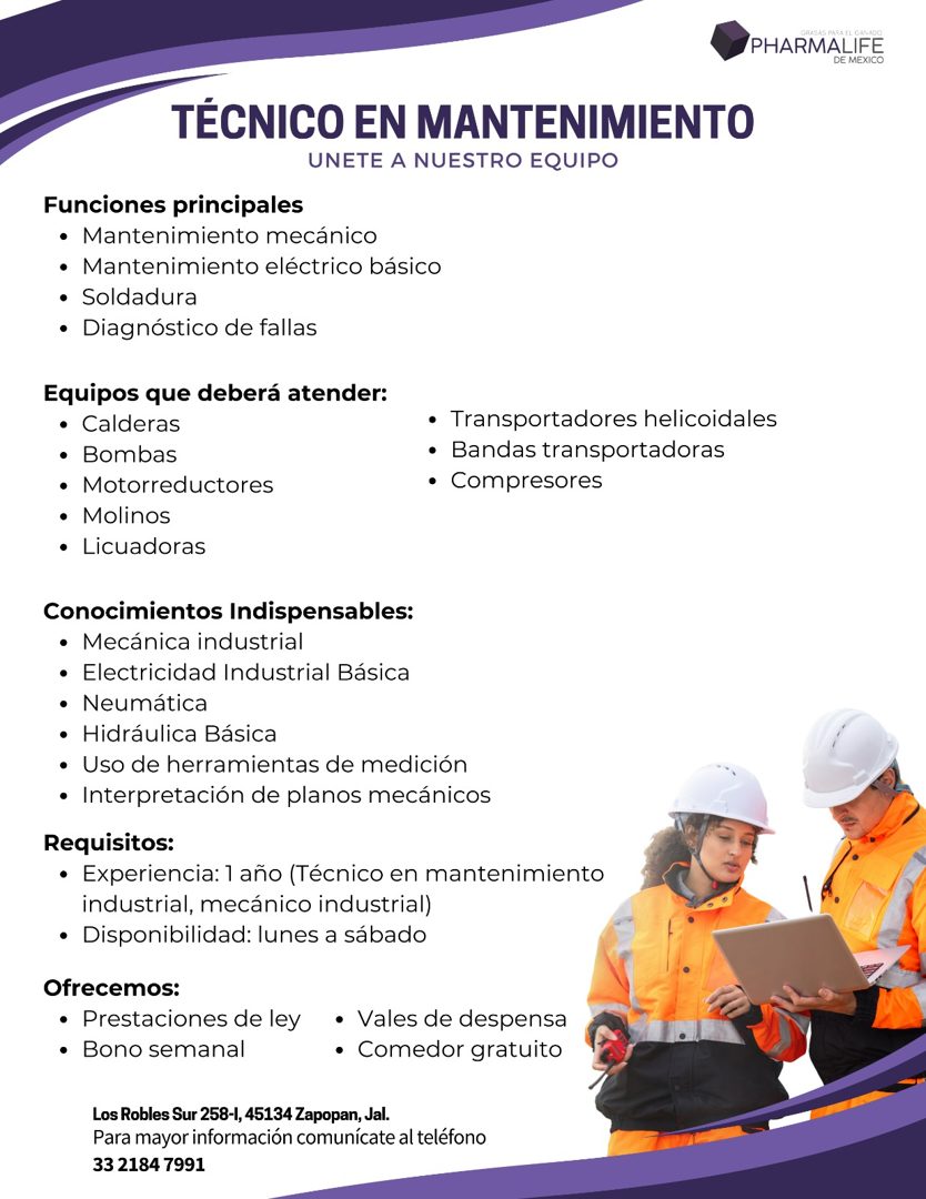 Banner del anuncio de la vacante: /PHARMALIFE · DE MEXICO · TÉCNICO EN MANTENIMIENTO · UNETE A NUESTRO EQUIPO · Funciones principales · • Mantenimiento mecánico · • Mantenimi