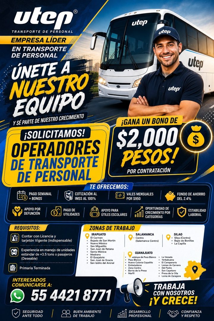 Banner del anuncio de la vacante: utep® · TRANSPORTE DE PERSONAL · EMPRESA LÍDER · EN TRANSPORTE · DE PERSONAL · utep · vicp · ÚNETE A · NUESTRO · EQUIPO · Y SÉ PARTE DE NUES
