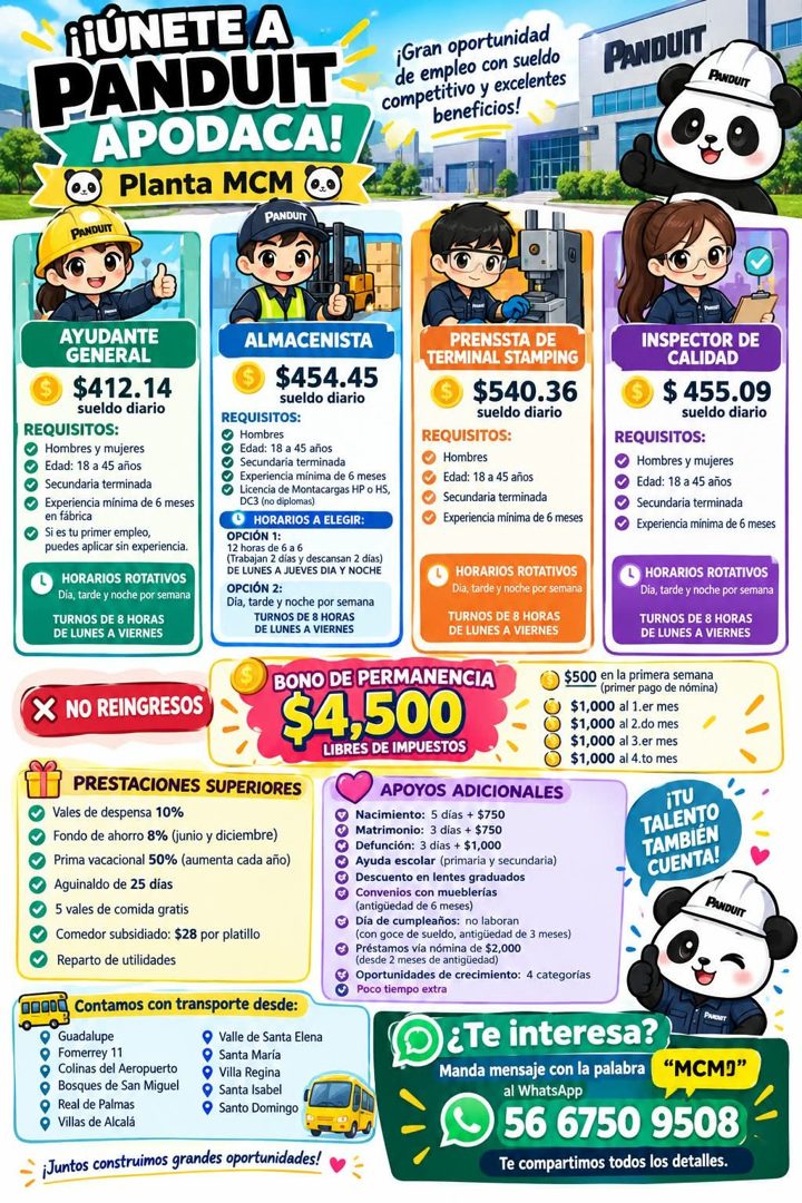 Banner del anuncio de la vacante: FÚNETE A · PANDUIT · APODACA! · Planta MCM · ¡Gran oportunidad · de empleo con sueldo · competitivo y excelentes · beneficios! · PAWDUIT · P