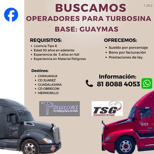 Banner del anuncio de la vacante: BUSCAMOS · 1-24.2 · OPERADORES PARA TURBOSINA · BASE: GUAYMAS · REQUISITOS: · • Licencia Tipo E · • Edad 30 años en adelante · • Experiencia