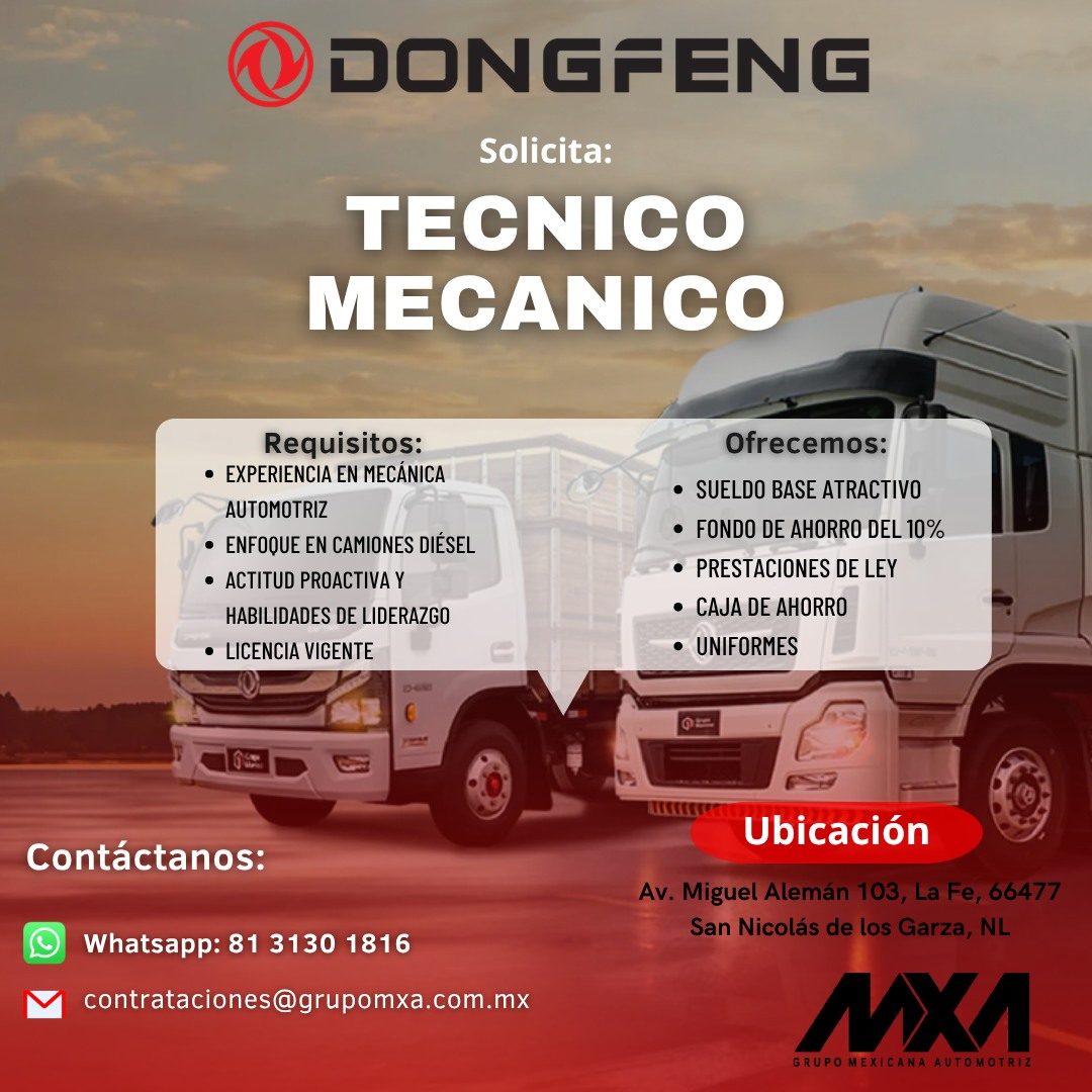 Banner del anuncio de la vacante: DONGFENG · Solicita: · TECNICO · MECANICO · Requisitos: · • EXPERIENCIA EN MECÁNICA · AUTOMOTRIZ · • ENFOQUE EN CAMIONES DIÉSEL · • ACTITUD 