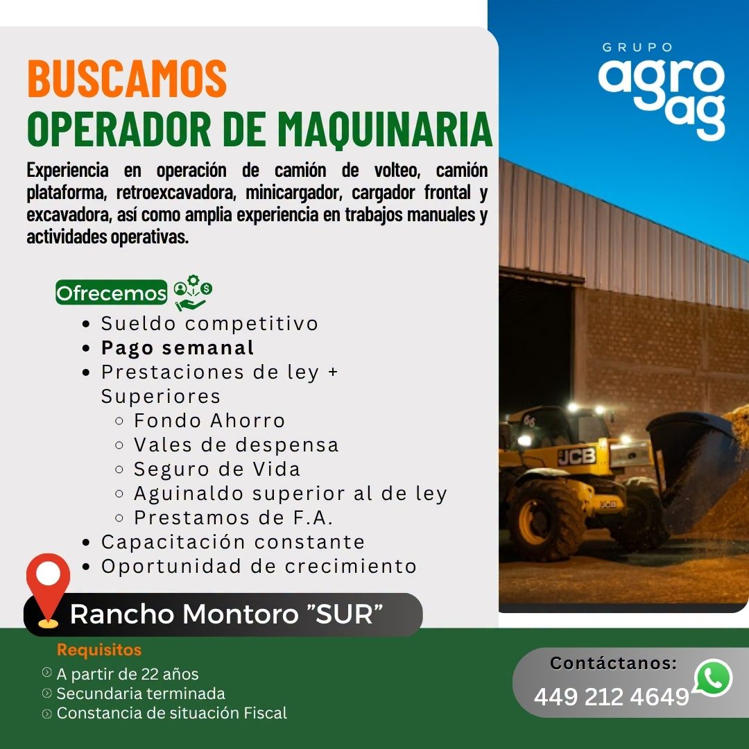 Banner del anuncio de la vacante: BUSCAMOS · OPERADOR DE MAQUINARIA · Experiencia en operación de camión de volteo, camión · plataforma, retroexcavadora, minicargador, cargad