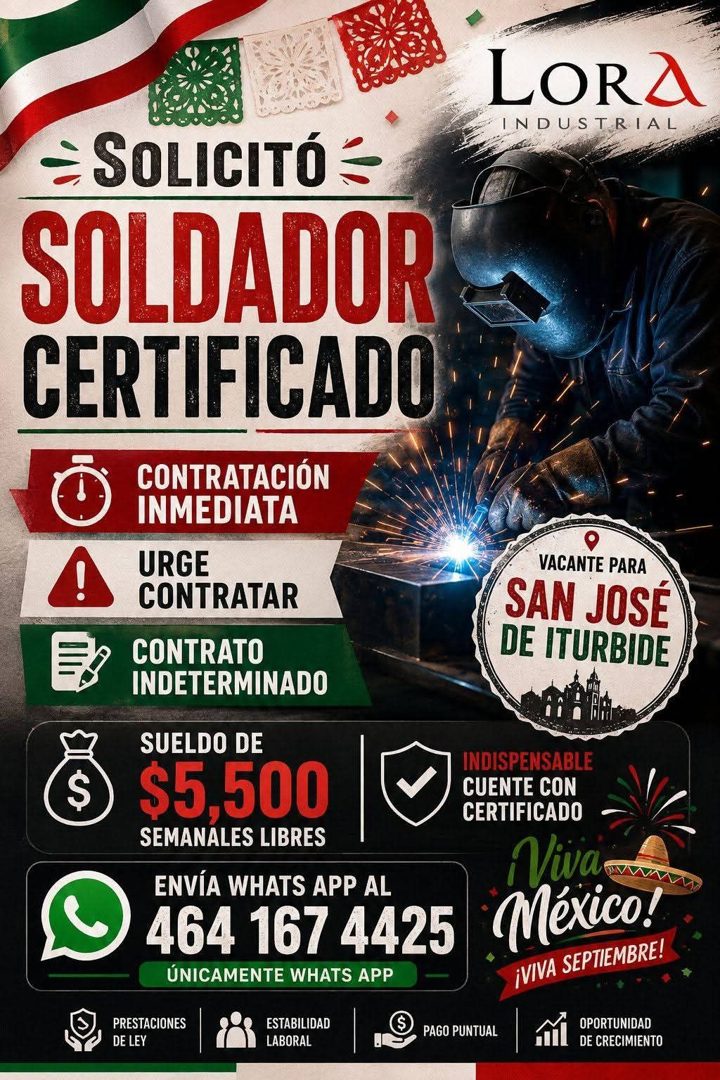 Banner del anuncio de la vacante: LORA · INDUSTRIAL · = SOLICITO = · SOLDADOR · CERTIFICADO · CONTRATACIÓN · INMEDIATA · URGE · CONTRATAR · CONTRATO · INDETERMINADO · S · SUE