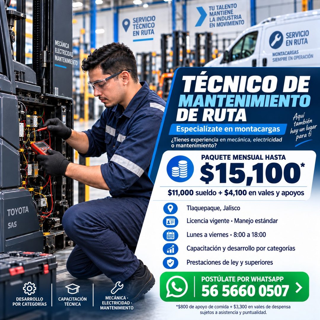 Banner del anuncio de la vacante: SERVICIO · TÉCNICO · EN RUTA · TU TALENTO · MANTIENE · LA INDUSTRIA · EN MOVIMIENTO · MECÁNICA · ELECTRICIDAD · MANTENIMIENTO · TOYOTA · SAS