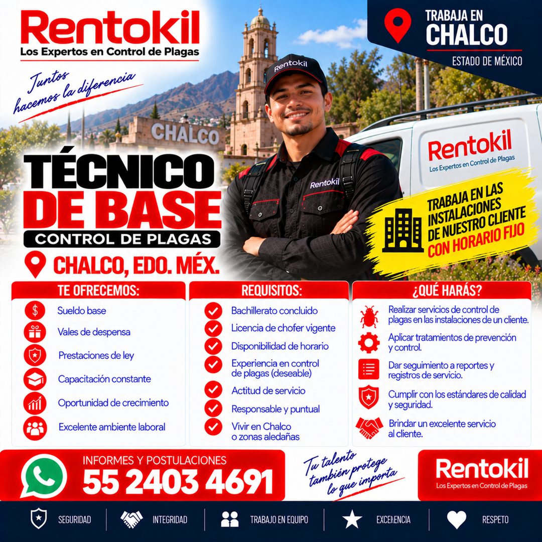 Banner del anuncio de la vacante: Rentokil · Los Expertos en Control de Plagas · Juntos · la diferencia · hacemos · pentokil · TRABAJA EN · CHALCO · ESTADO DE MÉXICO · CHAL C