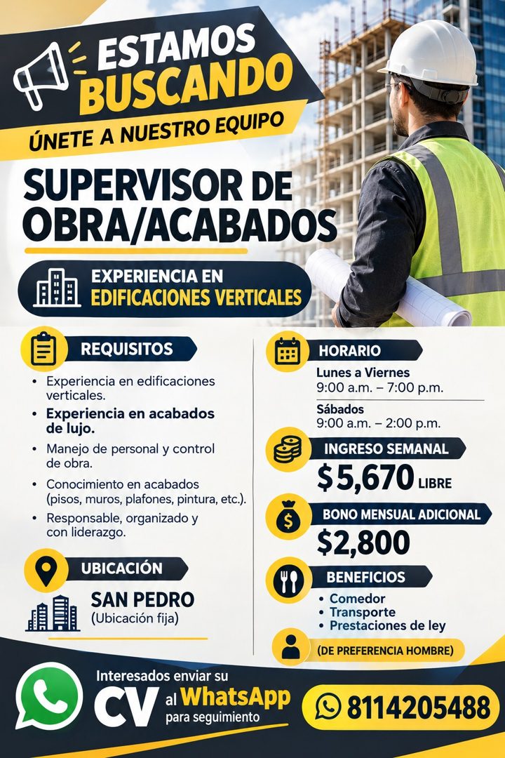 Banner del anuncio de la vacante: ESTAMOS · BUSCANDO · ÚNETE A NUESTRO EQUIPO · SUPERVISOR DE · OBRA/ACABADOS · EXPERIENCIA EN · EDIFICACIONES VERTICALES · REQUISITOS · Exper