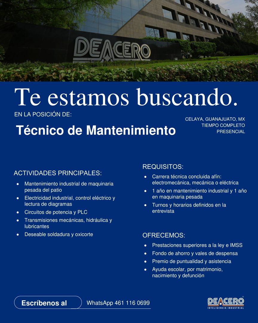 Banner del anuncio de la vacante: DEACERO · Te estamos buscando. · EN LA POSICIÓN DE: · Técnico de Mantenimiento · CELAYA, GUANAJUATO, MX · TIEMPO COMPLETO · PRESENCIAL · ACT