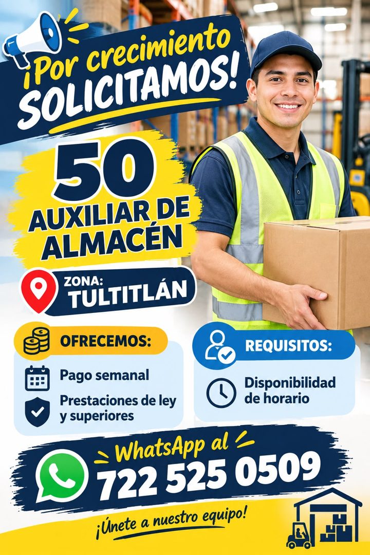 Banner del anuncio de la vacante: ¡Por crecimiento · SOLICITAMOS! · 50 · AUXILIAR DE · ALMACÉN · ZONA: · TULTITLÁN · OFRECEMOS: · REQUISITOS: · Pago semanal · Prestaciones de