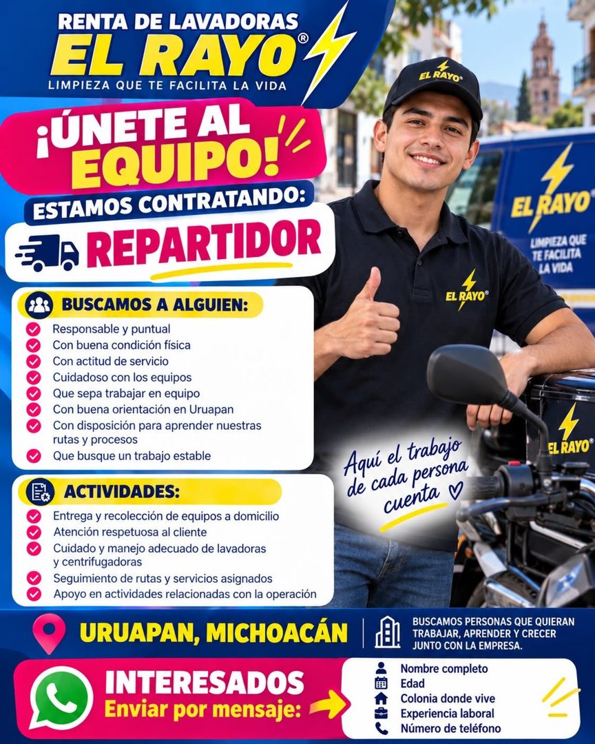 Banner del anuncio de la vacante: RENTA DE LAVADORAS · EL RAYO® · LIMPIEZA QUE TE FACILITA LA VIDA · ¡ÚNETE AL · EQUIPO! · ESTAMOS CONTRATANDO: · a REPARTIDOR · EL RAYO® · EL
