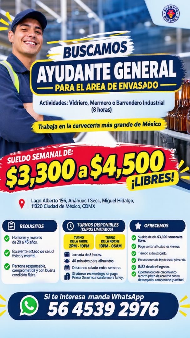 Banner del anuncio de la vacante: PODER · BUSCAMOS · AYUDANTE GENERAL · — PARA EL AREA DE ENVASADO — · Actividades: Vidriero, Mermero o Barrendero Industrial · (8 horas) · Tr