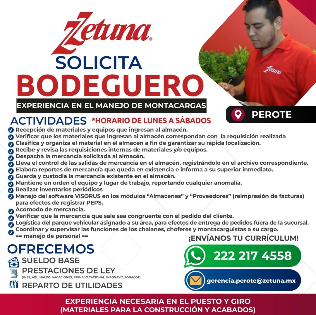 Banner del anuncio de la vacante: Jetuna. · SOLICITA · BODEGUERO · EXPERIENCIA EN EL MANEJO DE MONTACARGAS · PEROTE · ACTIVIDADES *HORARIO DE LUNES A SÁBADOS · Recepción de m
