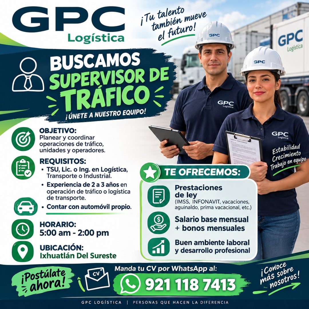 Banner del anuncio de la vacante: GPC · Logística · BUSCAMOS · SUPERVISOR DE · TRÁFICO · ¡ÚNETE A NUESTRO EQUIPO! · OBJETIVO: · Planear y coordinar · operaciones de tráfico, 
