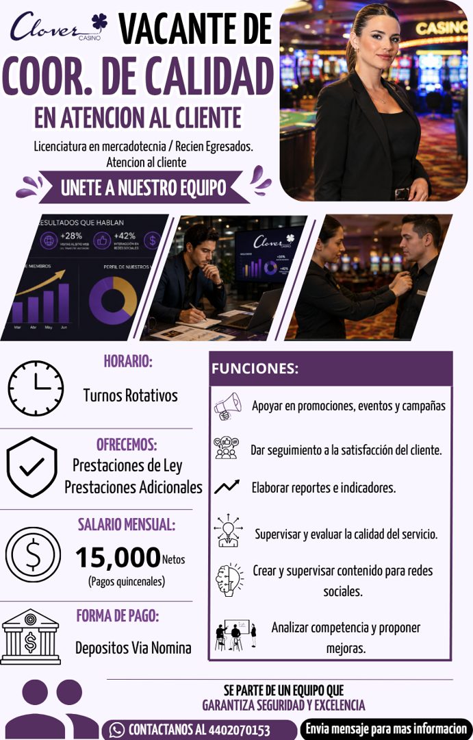 Banner del anuncio de la vacante: Clover t · VACANTE DE · COOR. DE CALIDAD · EN ATENCION AL CLIENTE · Licenciatura en mercadotecnia / Recien Egresados. · Atencion al cliente 