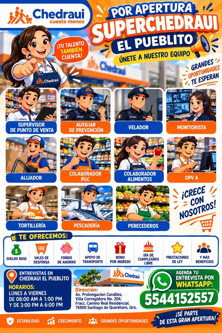 Banner del anuncio de la vacante: Chedraui · cuesta menos · iTU TALENTO · TAMBIÉN · CUENTA! · * Chedraui · POR APERTURAL 1 · SUPERCHEDRAÚ · EL PUEBLITO · ÚNETE A NUESTRO EQUI