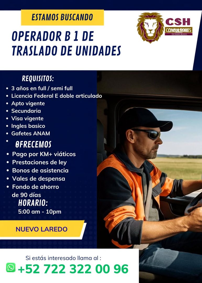 Banner del anuncio de la vacante: ESTAMOS BUSCANDO · OPERADOR B 1 DE · TRASLADO DE UNIDADES · CSH · COONSULMOARES · REQUISITOS: · • 3 años en full / semi full · • Licencia Fe