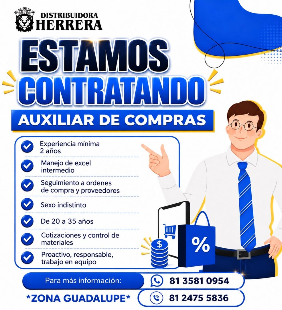 Banner del anuncio de la vacante: B2B · DISTRIBUIDORA · HERRERA · ESTAMOS · CONTRATANDO · AUXILIAR DE COMPRAS · Experiencia mínima · 2 años · Manejo de excel · intermedio · S