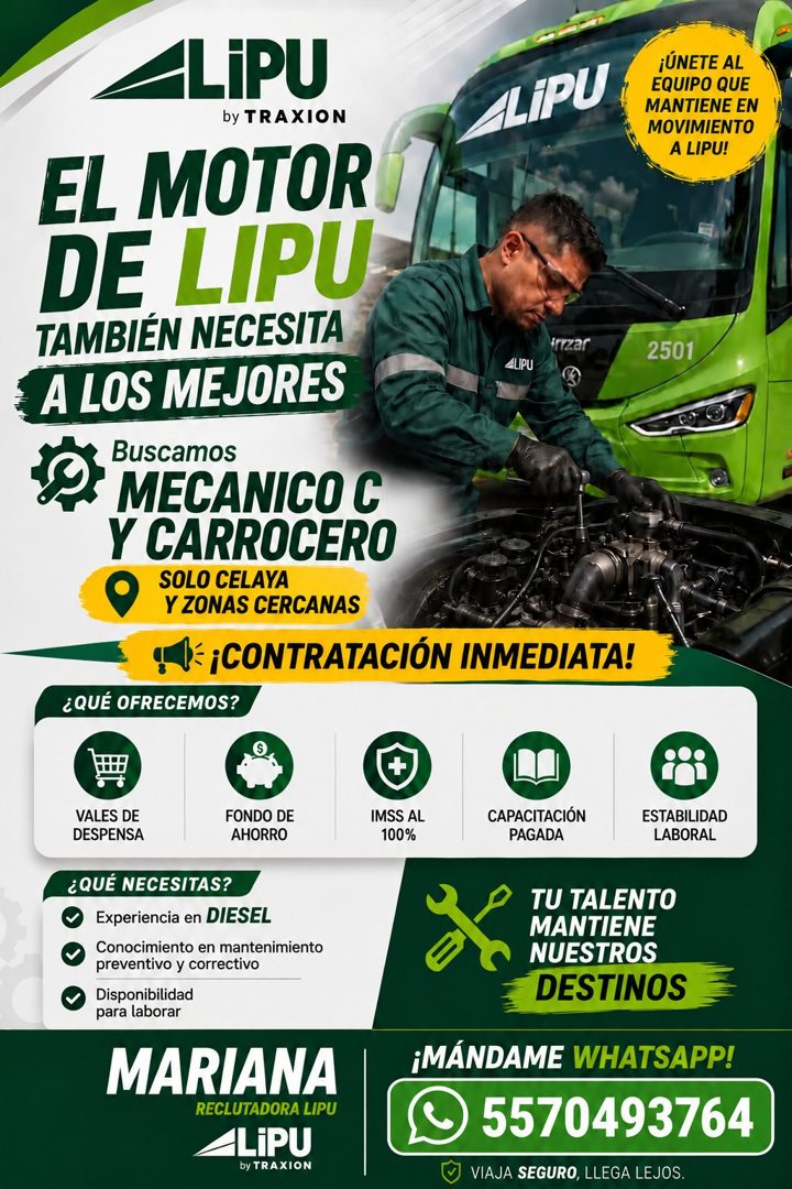 Banner del anuncio de la vacante: LiPU · by TRAXION · ALIPU · EL MOTOR · DE LIPU · TAMBIÉN NECESITA · trizar · «LIPU · A LOS MEJORES · Buscamos · MECANICO C · Y CARROCERO · S