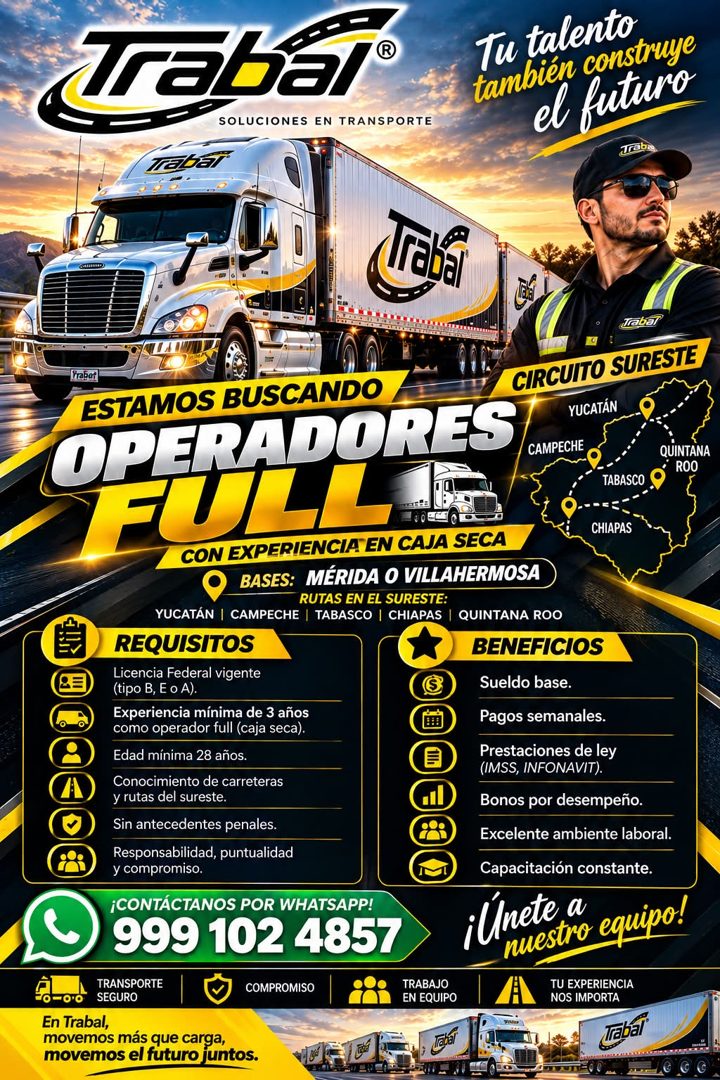 Banner del anuncio de la vacante: Treba · SOLUCIONES EN TRANSPORTE · Trabal · Tu talento · también construye · el futuro · Trab · Trabal · Prabatl · ESTAMOS BUSCANDO · CIRCUI