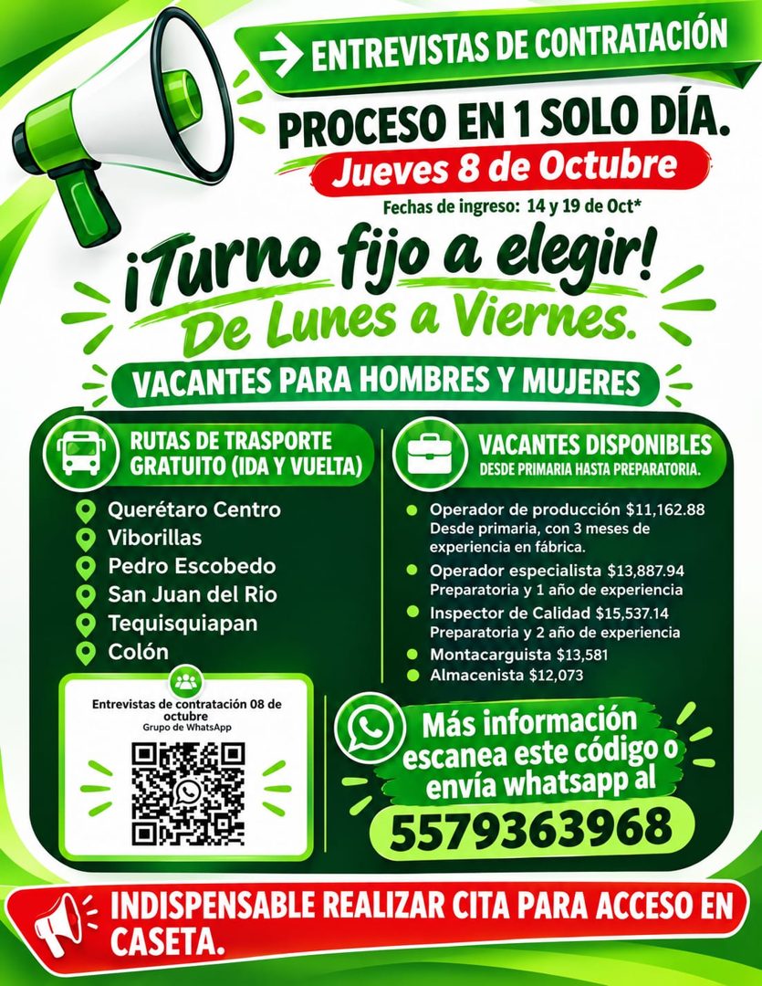 Banner del anuncio de la vacante: → ENTREVISTAS DE CONTRATACIÓN · PROCESO EN 1 SOLO DÍA. · Jueves 8 de Octubre · Fechas de ingreso: 14 y 19 de Oct* · ¡Turno fijo a elegir! · 