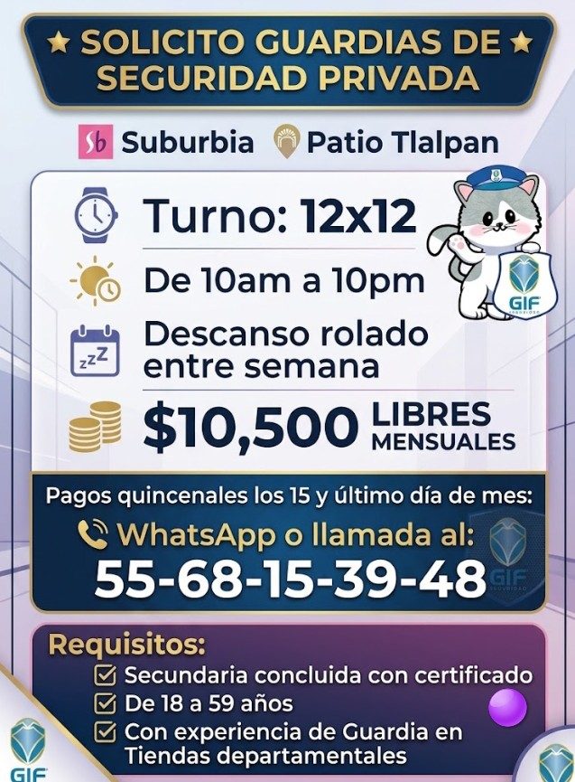 Banner del anuncio de la vacante: * SOLICITO GUARDIAS DE * · SEGURIDAD PRIVADA · Sb Suburbia · Patio Tlalpan · Turno: 12x12, · De 10am a 10pm · Descanso rolado · zZ · entre s