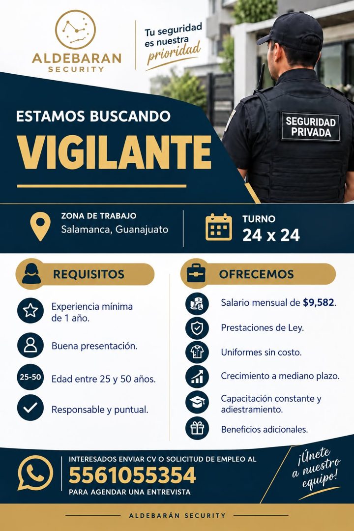 Banner del anuncio de la vacante: ALDEBARAN · SECURITY · Tu seguridad · es nuestra · prioridad · ESTAMOS BUSCANDO · VIGILANTE · SEGURIDAD · PRIVADA · ZONA DE TRABAJO · Salama