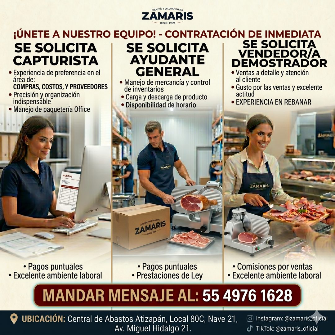 Banner del anuncio de la vacante: CKENEEIS Y ENLE/MCKENENIA · ZAMARIS · DESDE 1999 · ¡ÚNETE A NUESTRO EQUIPO! - CONTRATACIÓN DE INMEDIATA · SE SOLICITA · SE SOLICITA · SE SOL