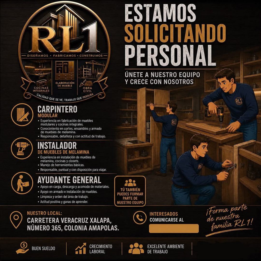 Banner del anuncio de la vacante: RL1 · - DISEÑAMOS • FABRICAMOS • CONSTRUIMOS - · ESTAMOS · SOLICITANDO · PERSONAL · ÚNETE A NUESTRO EQUIPO · Y CRECE CON NOSOTROS · ELABORAC