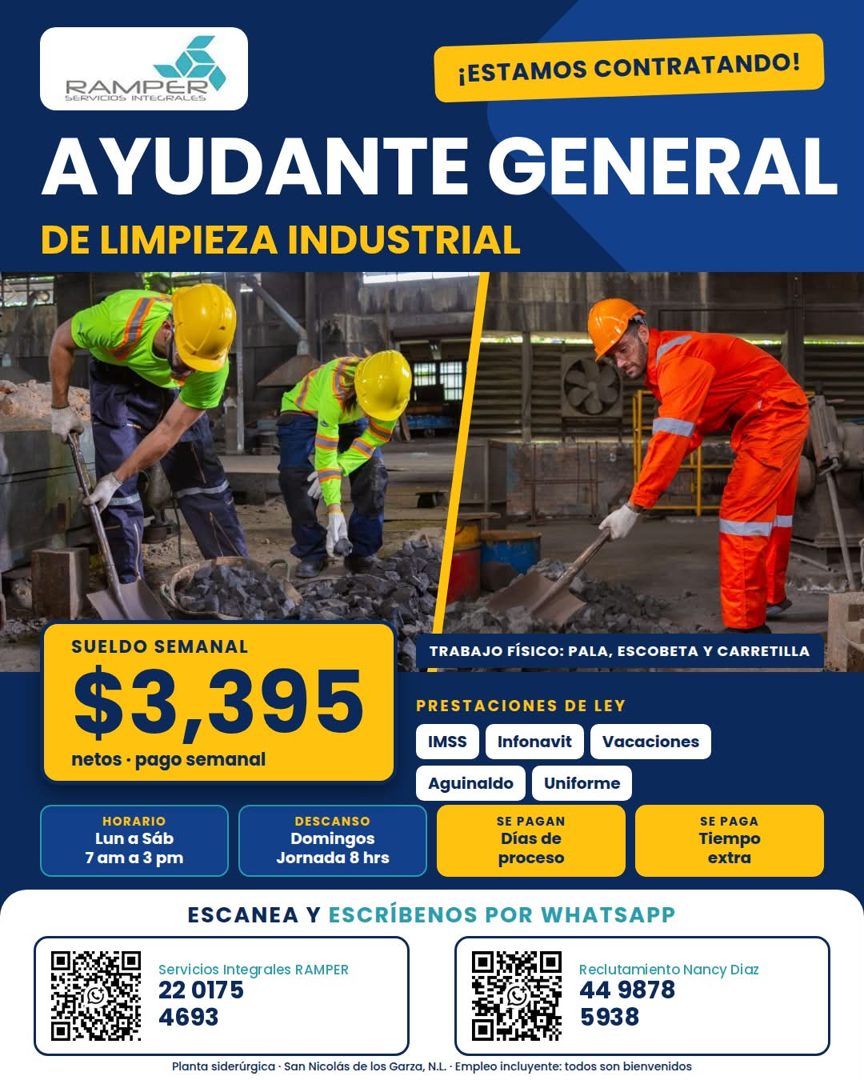 Banner del anuncio de la vacante: ¡ESTAMOS CONTRATANDO! · RAMPER · SERVICIOS INTEGRALES · AYUDANTE GENERAL · DE LIMPIEZA INDUSTRIAL · SUELDO SEMANAL · $3,395 · netos • pago s