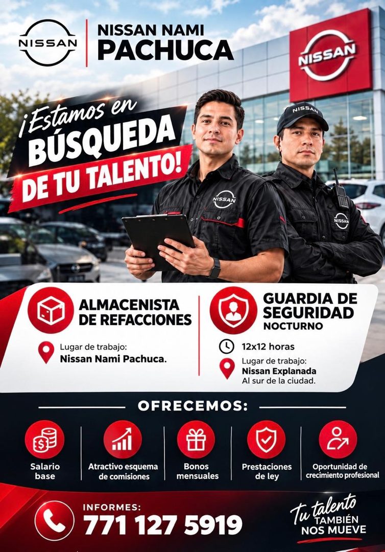 Banner del anuncio de la vacante: NISSAN · NISSAN NAMI · PACHUCA · NISSAN · ¡Estamos en · BÚSQUEDA · DE TU TALENTO! · NISSAN · NISSAN · NISSAM · ALMACENISTA · DE REFACCIONES 