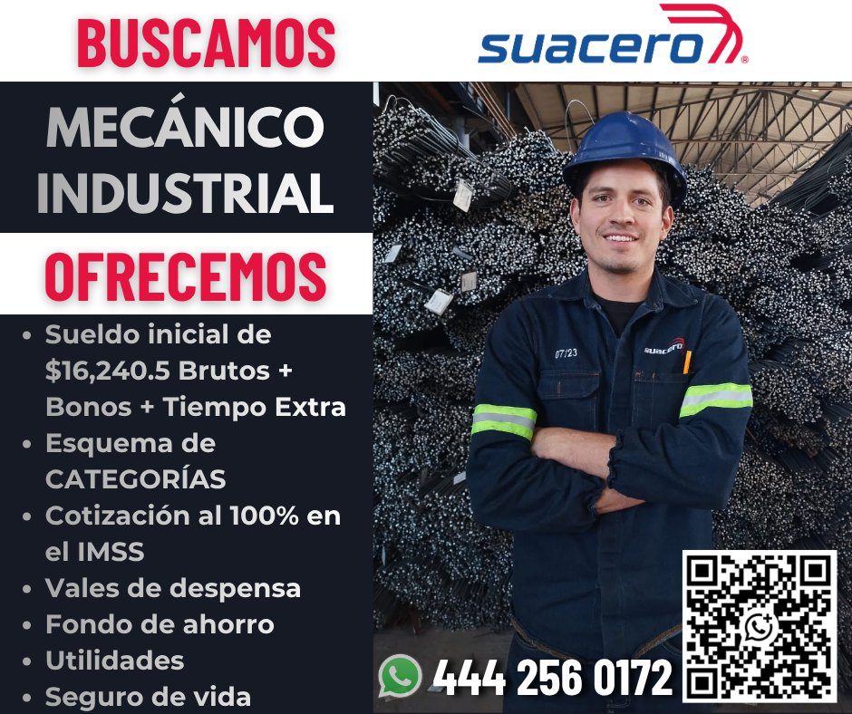 Banner del anuncio de la vacante: BUSCAMOS · MECÁNICO · INDUSTRIAL · OFRECEMOS · • Sueldo inicial de · $16,240.5 Brutos + · Bonos + Tiempo Extra · • Esquema de · CATEGORÍAS ·