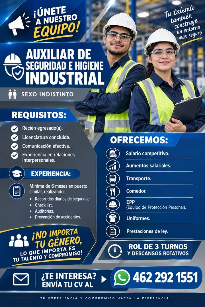 Banner del anuncio de la vacante: ¡ÚNETE · A NUESTRO · EQUIPO! · AUXILIAR DE · SEGURIDAD E HIGIENE · INDUSTRIAL · SEXO INDISTINTO · Tu talemto · también · construye · un ento