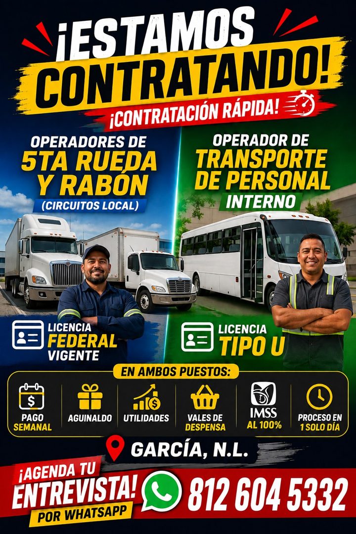 Banner del anuncio de la vacante: HESTAMOS · CONTRATANDO! · ¡CONTRATACIÓN RÁPIDA! E0 · OPERADORES DE · OPERADOR DE · 5TA RUEDA · TRANSPORTE · Y RABON · DE PERSONAL · (CIRCUIT